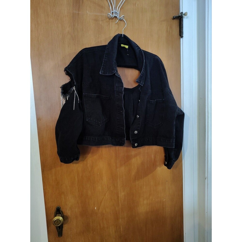 Love Highlight Black Denim Rhinestone Large Jacket T0731